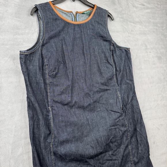Lauren Ralph Lauren Denim Dress with Leather‎ Trim Size 16W Sleeveless Sheath - Picture 2 of 7